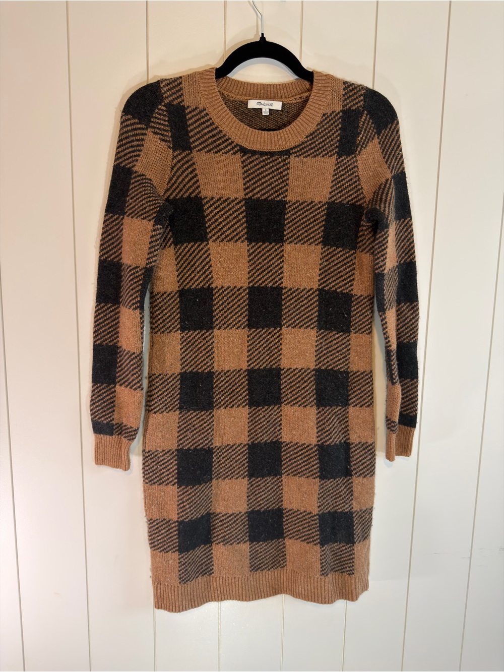 Madewell Black & Camel Buffalo Check Long Sleeve Sweater Dress